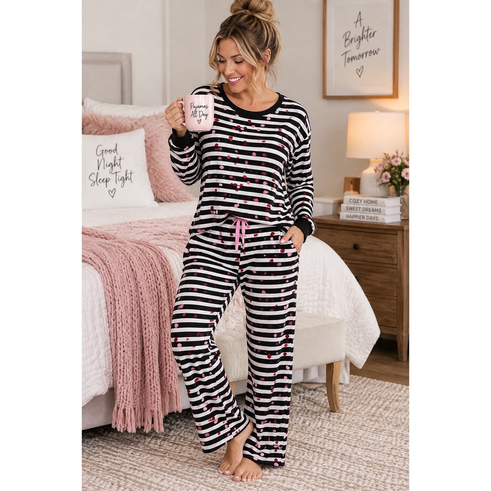 Kate Spade New York Pajama Set Womens Medium Striped Polka Dot Fleece Lounge